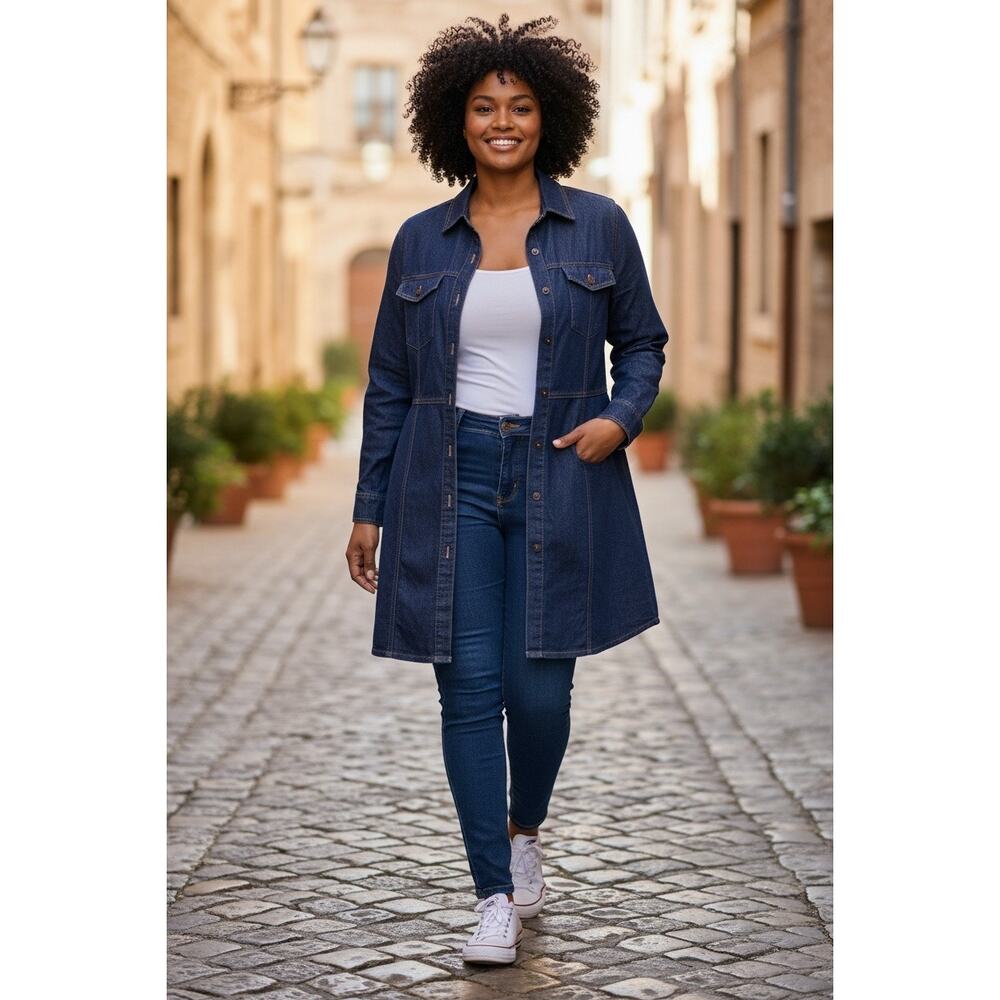 FRYE Denim Shirt Dress Women L Navy Western Core Long Sleeve Collar Button Front - Picture 2 of 7